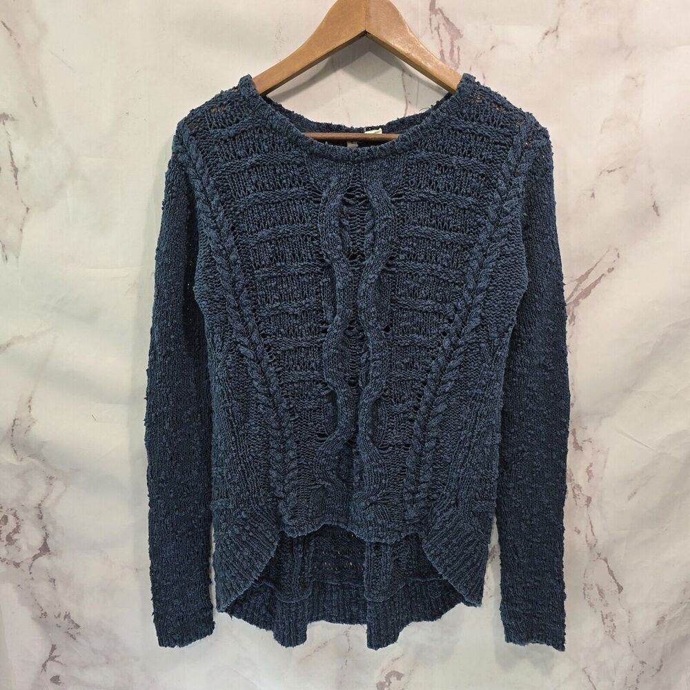 Anthropologie Sweater Women XS Blue Chenille Cable Knit Moth Teal High Low